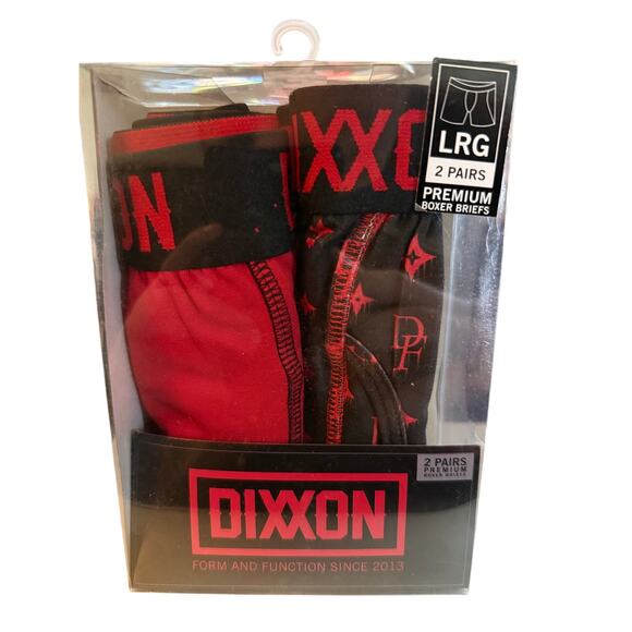 Dixxon Premium Boxer Briefs, Two-Pack, Size Large, Red and Black Monogram, NWT - Picture 1 of 3